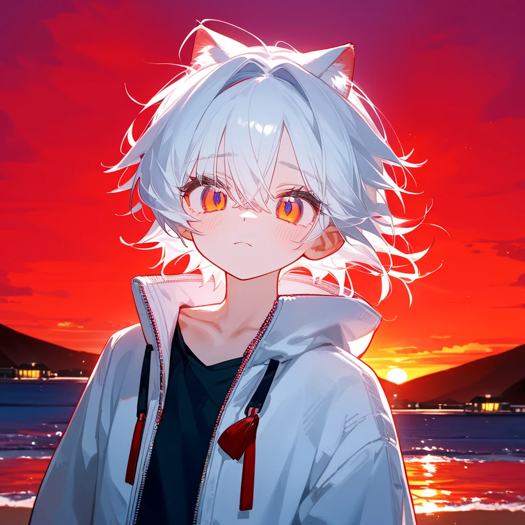 A solo cat boy, His hair is white and his eyes are red, wearing jacket, bust up!!! Cute boy, casual boy, sunset sky , , sad vibes