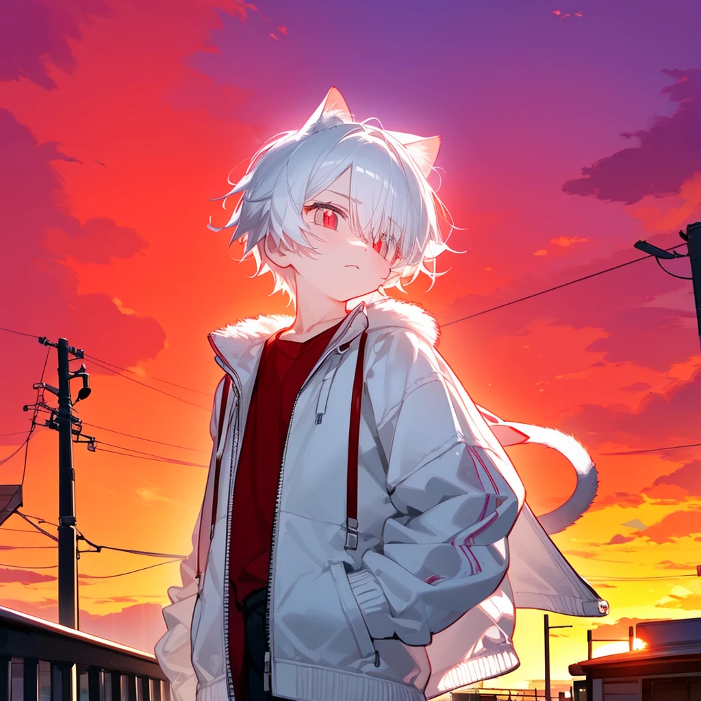 A solo cat boy, His hair is white and his eyes are red, wearing jacket, bust up!!! Cute boy, casual boy, sunset sky , , sad vibes