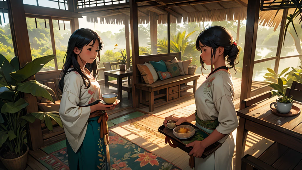 (room,morning,rural village,adolescent),photorrealistic:1.37,high resolution,ultra detali,beautiful detailed eyes,long eyelashes,clima tropical,traditional indonesian house,mosquito net,Hazy sunlight,tranquil atmosphere,Fresh air,traditional woven rug,birds chirping,wooden furniture,light streaming through the window,colorful floral patterns on the walls,serene atmosphere,small traditional wooden boat on the river nearby,lush vegetation,coconut palms,distant sound of roosters,carefully carved wooden door,traditional artwork on the walls,traditional indonesian breakfast on a tray,hot cup of steaming tea+warm sunlight coming through the window,Rustling leaves,tranquil atmosphere. Uma garota adolescent sentada usando notebook