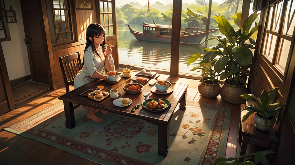 (room,morning,rural village,adolescent),photorrealistic:1.37,high resolution,ultra detali,beautiful detailed eyes,long eyelashes,clima tropical,traditional indonesian house,mosquito net,Hazy sunlight,tranquil atmosphere,Fresh air,traditional woven rug,birds chirping,wooden furniture,light streaming through the window,colorful floral patterns on the walls,serene atmosphere,small traditional wooden boat on the river nearby,lush vegetation,coconut palms,distant sound of roosters,carefully carved wooden door,traditional artwork on the walls,traditional indonesian breakfast on a tray,hot cup of steaming tea+warm sunlight coming through the window,Rustling leaves,tranquil atmosphere. Uma garota adolescent sentada usando notebook