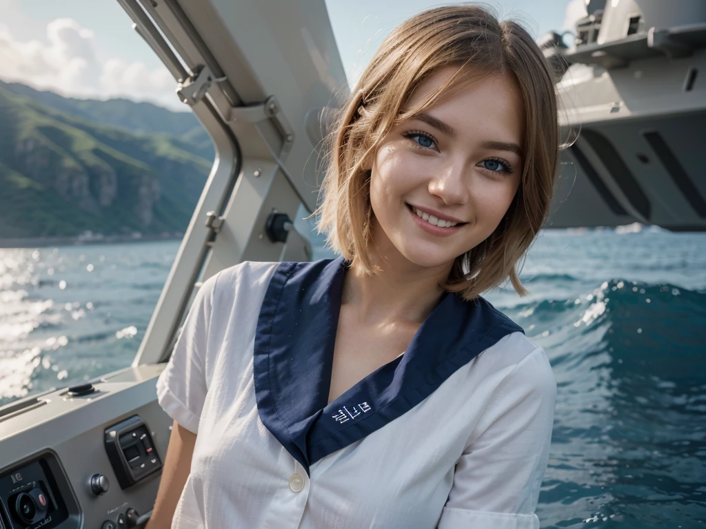 {{masterpiece, best quality, extremely detailed CG, unity 8k wallpaper, cinematic lighting, }}, Sony α7, wide frame, South Pacific, during war with Asian powers, wind blowing on Aegis ship, 1 Girl, Full Body, smile, she is a US Navy sailor, Caucasian, 20 Years Old, Smile, Blonde Hair, Short Bob, blue eyes , long eyelashes ,