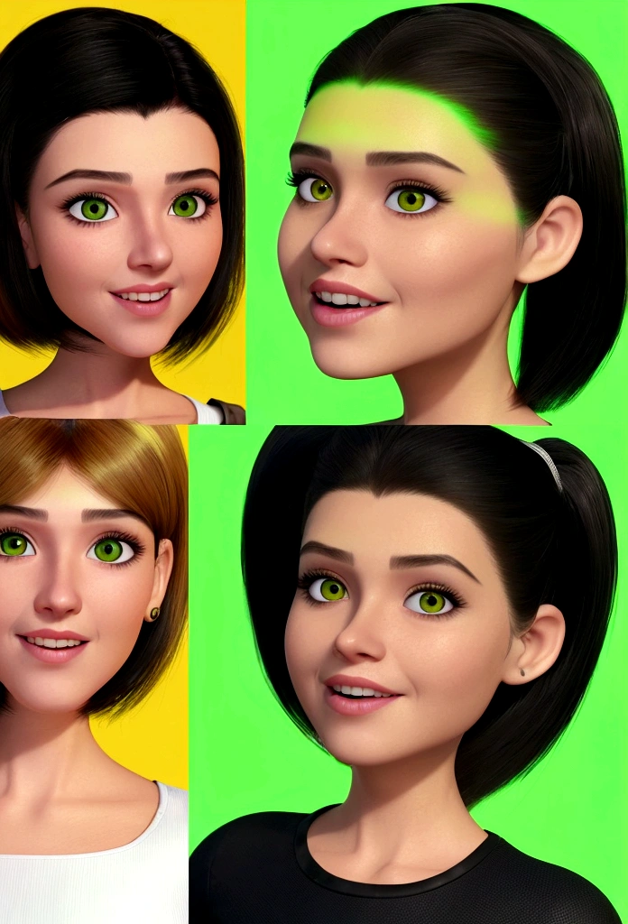 Realistic 3D caricature of a 20 year old woman, oval face shape, greeneyes, brunette skin, Smile up, black hair with a side parting style and green streak, wearing a black blouse, clearly visible on a yellow background, Use soft photography lighting with edge hair lights and top photo lamps with very high details