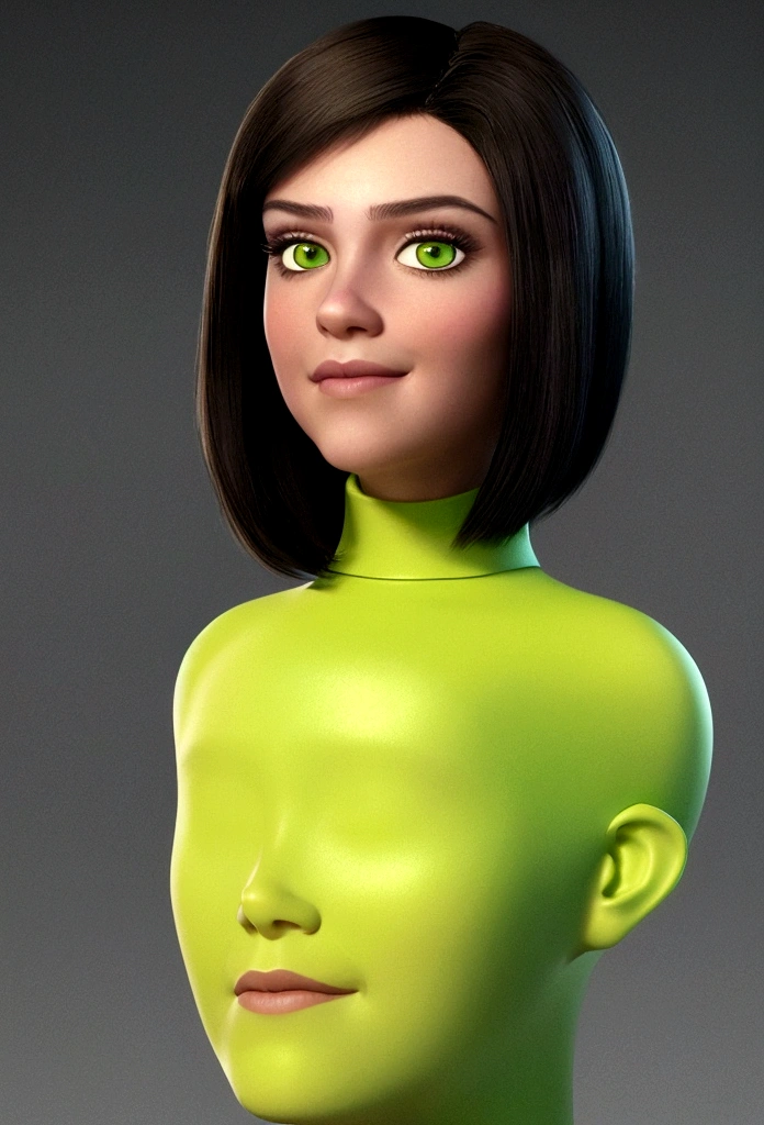 Realistic 3D caricature of a 20 year old woman, oval face shape, greeneyes, brunette skin, Smile up, black hair with a side parting style and green streak, wearing a black blouse, clearly visible on a yellow background, Use soft photography lighting with edge hair lights and top photo lamps with very high details