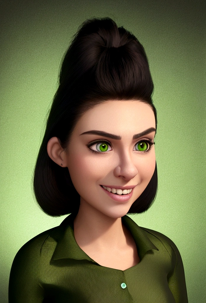 Realistic 3D caricature of a 20 year old woman, oval face shape, greeneyes, brunette skin, Smile up, black hair with a side parting style and green streak, wearing a black blouse, clearly visible on a yellow background, Use soft photography lighting with edge hair lights and top photo lamps with very high details
