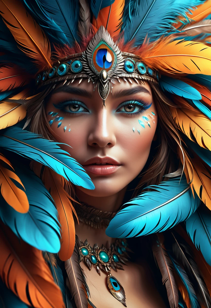 Close-up of a woman with a face covered in feathers, 4K highly detailed digital art, detailed matte fantasy portrait, detailed 4K digital art, 8K high quality detailed art, detailed fantasy digital art, beautiful digital artwork, colorfull digital fantasy art, digital fantasy art ), hyper-detailed fantasy character, exquisitely detailed digital art, photorealistic 4k digital art