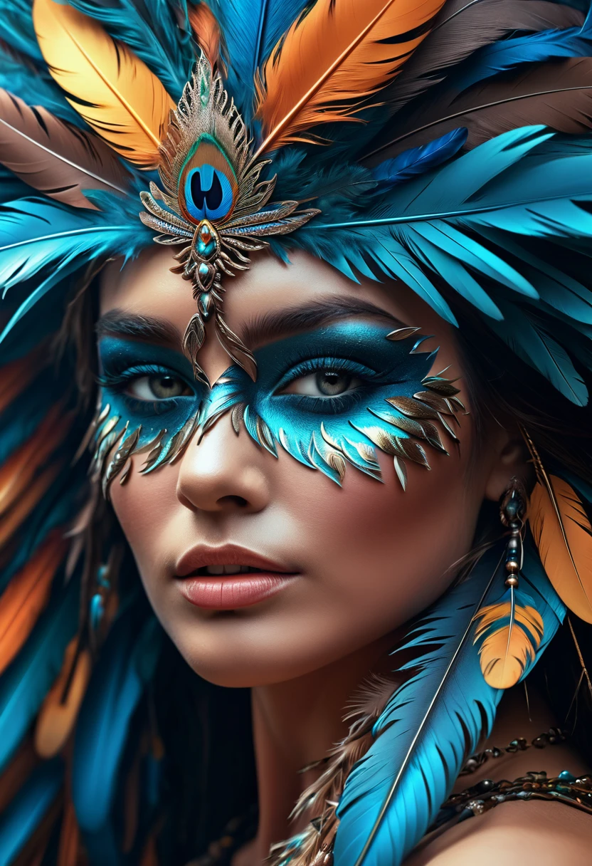 Close-up of a woman with a face covered in feathers, 4K highly detailed digital art, detailed matte fantasy portrait, detailed 4K digital art, 8K high quality detailed art, detailed fantasy digital art, beautiful digital artwork, colorfull digital fantasy art, digital fantasy art  ), hyper-detailed fantasy character, exquisitely detailed digital art, photorealistic 4k digital art
