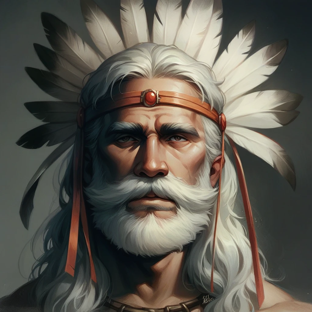 Fifty-year-old indigenous man with cheerful features without a beard, with straight gray hair half tied back by a thin leather headdress with a white feather behind the head in a central vertical position