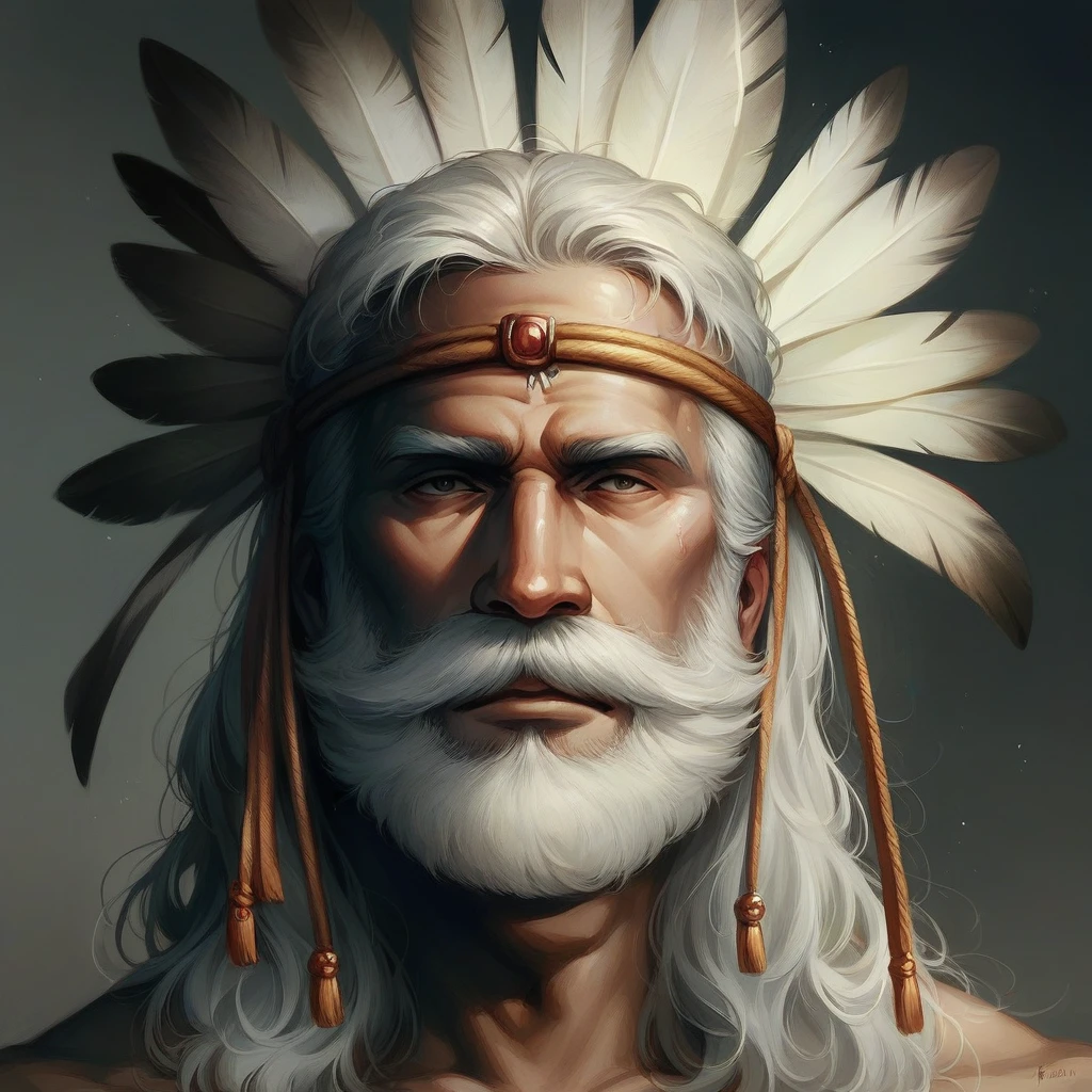 Fifty-year-old indigenous man with cheerful features without a beard, with straight gray hair half tied back by a thin leather headdress with a white feather behind the head in a central vertical position