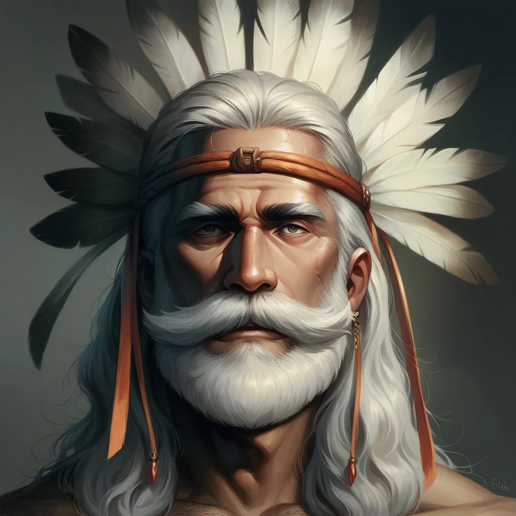 Fifty-year-old indigenous man with cheerful features without a beard, with straight gray hair half tied back by a thin leather headdress with a white feather behind the head in a central vertical position