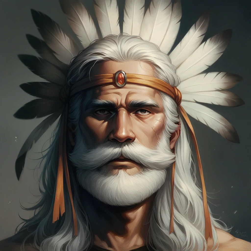 Fifty-year-old indigenous man with cheerful features without a beard, with straight gray hair half tied back by a thin leather headdress with a white feather behind the head in a central vertical position