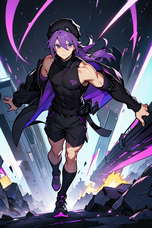 Young man purple hair black cap purple eyes turtleneck sleeveless black sweater waistband black shorts with long stockings and hair clips 
