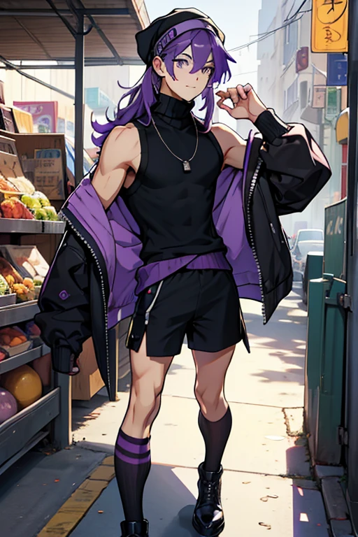 Young man purple hair black cap purple eyes turtleneck sleeveless black sweater waistband black shorts with long stockings and hair clips