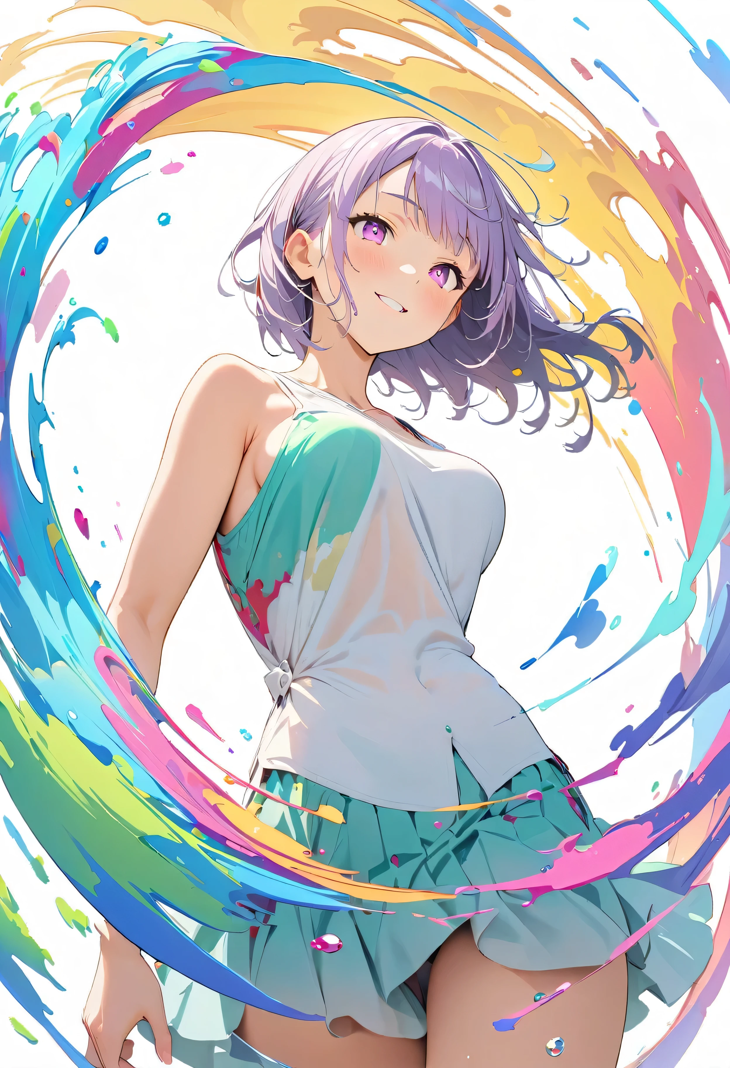 (masterpiece, Highest quality, Official Art:1.2), (colorful), Perfect Anatomy, Looking at the audience, One Girl, alone, White Background, floating colorful water, Ultra-fine illustrations, highly detailed, Dynamic Angle, beautiful detailed, 8K, break smiling amidst the colorful scenes, (Highest quality, masterpiece, High resolution, detailed), Anime Style, (Shining Eyes, detailed美しい顔), break,Dynamic Angle
