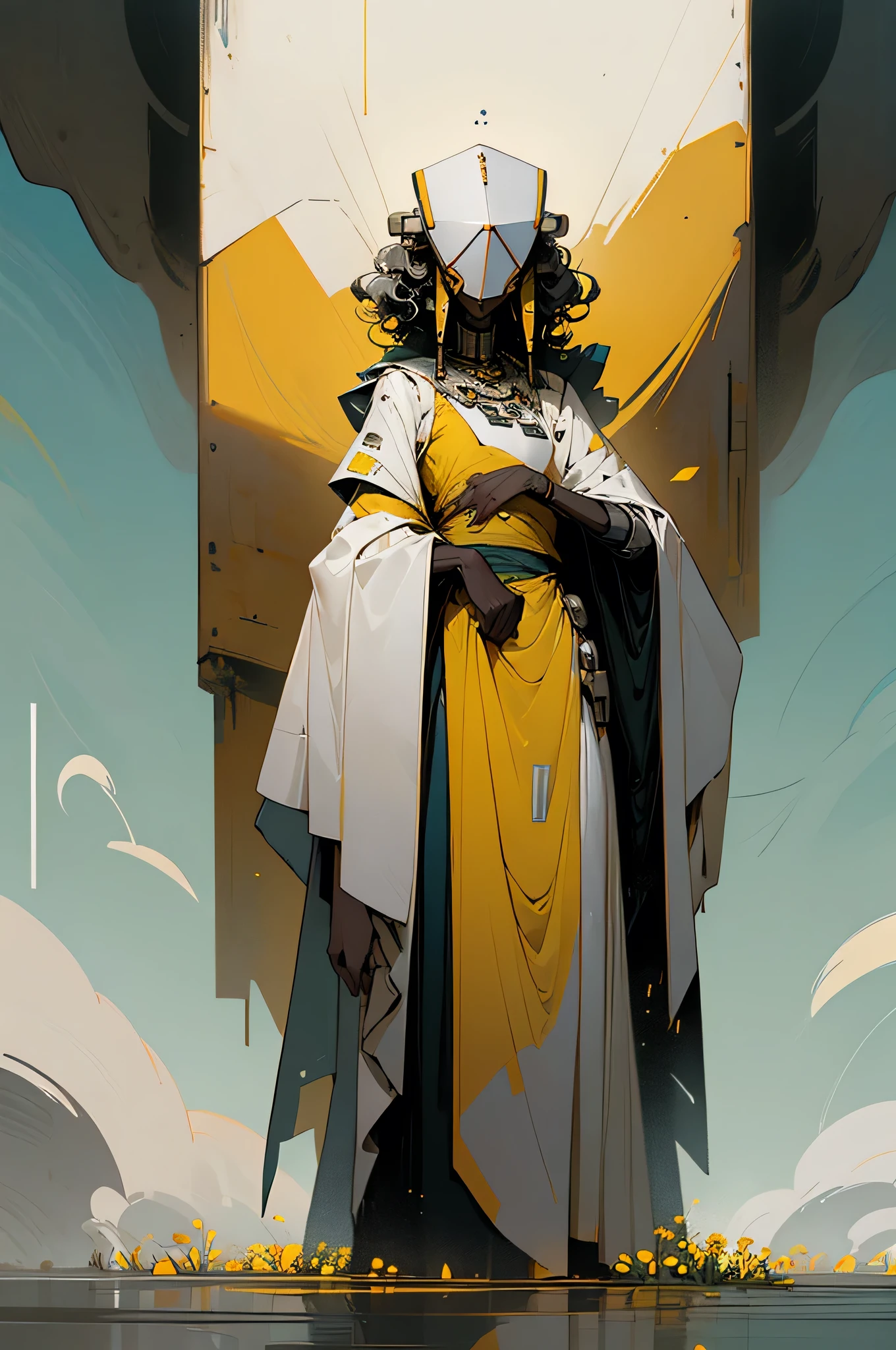a tall slim robot, wearing a simple yellow wrap across its shoulder, a diamond shaped head. robot is standing side by side with a short African woman, with curly black hair and a gentle smile, wearing a sleeveless white robe, standing in a vast meadow covered with white and yellow flowers
