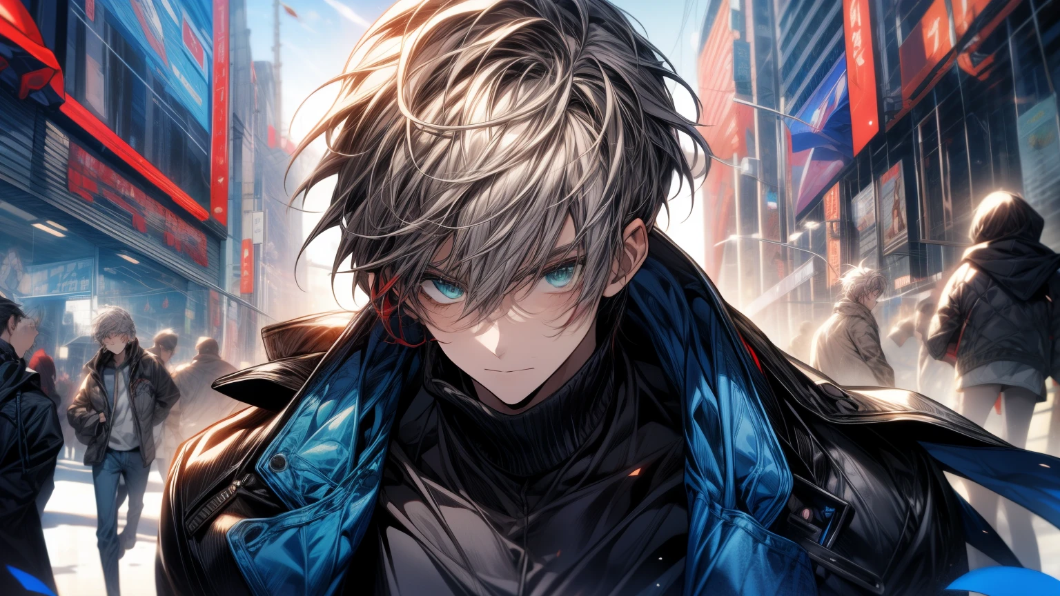 Male, solo, attractive, casual clothes, blue coat, green eyes, straight facial, short Length hair , gray hair with red streaks at hair tips, phone, moblie phone