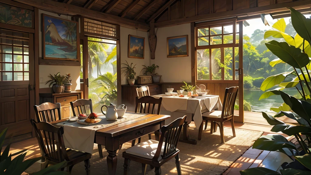 (room,morning,rural village,adolescent),photorrealistic:1.37,high resolution,ultra detali,beautiful detailed eyes,long eyelashes,clima tropical,traditional indonesian house,mosquito net,Hazy sunlight,tranquil atmosphere,Fresh air,traditional woven rug,birds chirping,wooden furniture,light streaming through the window,colorful floral patterns on the walls,serene atmosphere,small traditional wooden boat on the river nearby,lush vegetation,coconut palms,distant sound of roosters,carefully carved wooden door,traditional artwork on the walls,traditional indonesian breakfast on a tray,hot cup of steaming tea+warm sunlight coming through the window,Rustling leaves,tranquil atmosphere. Uma garota adolescent sentada usando notebook