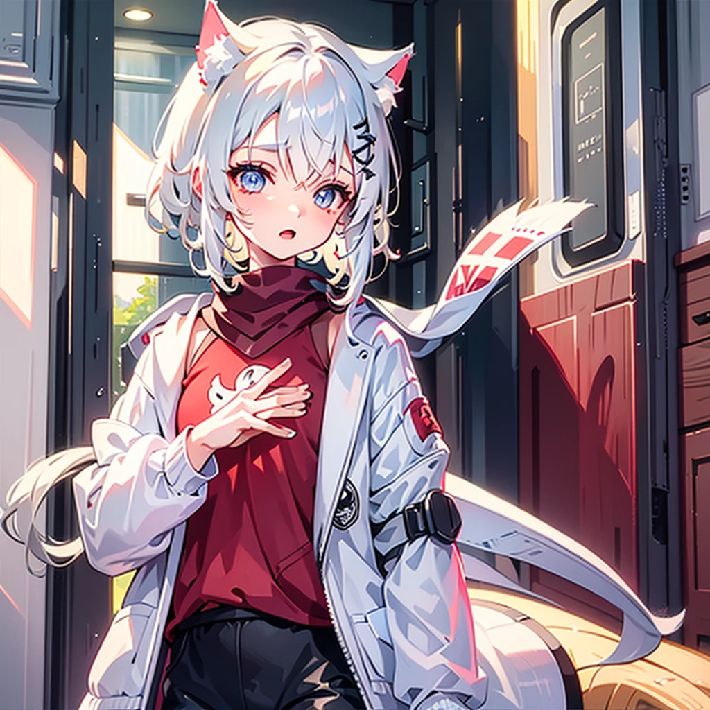 A solo cat boy, His hair is white and his eyes are red, wearing jacket, bust up!!! Cute boy, casual boy, sunset sky , , sad vibes