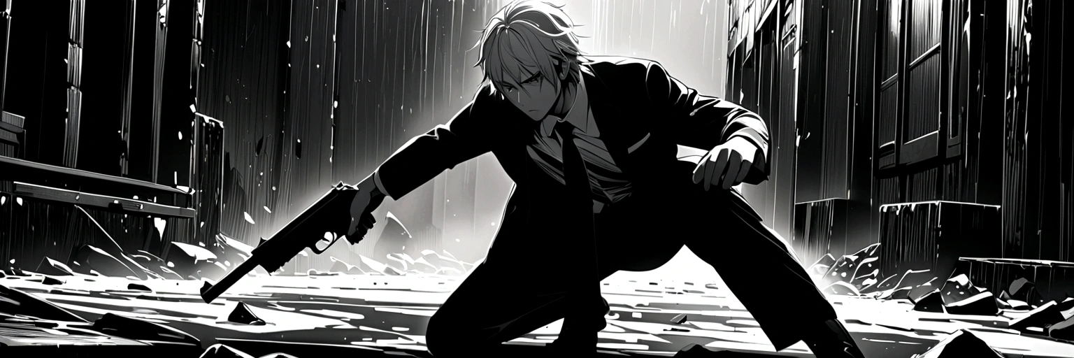 yuto-sano, 1boy, full body, black suit, white hair, gun, monochrome, highly detailed, dramatic pose, sharp focus, intricate details, chiaroscuro, moody atmosphere, dark and gritty, powerful, intense, masterpiece, lyimg down
