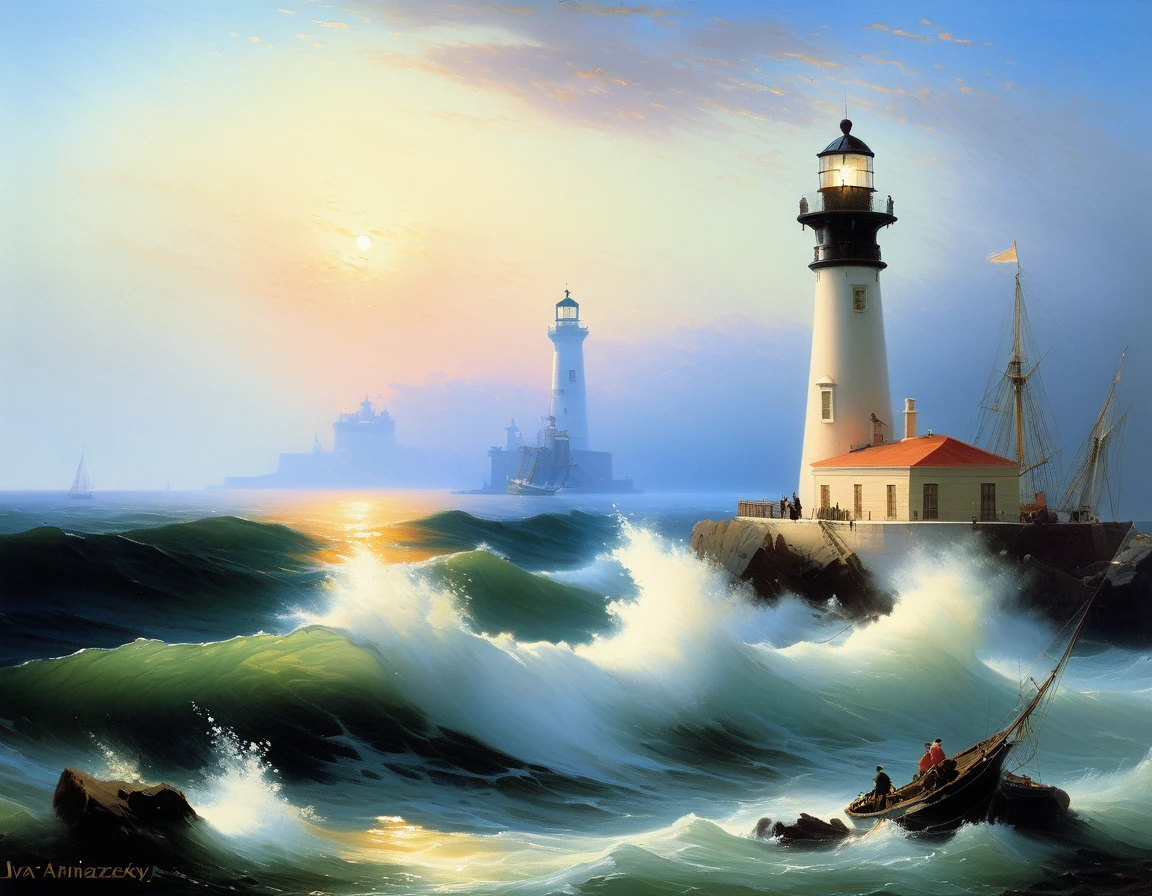 (((Sunrise time, lighthouse))), high quality, masterpiece,((Ivan Aivazovsky style)), clear day, marinism, oil painting knife, ((best quality, masterpiece)), (high detail), impressionism:1.1, 8k