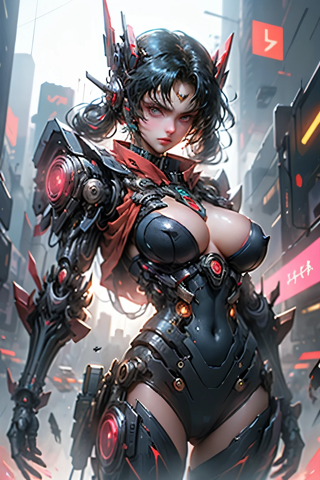1 girl, solo, cyberhanfu, wearing long sleeve ,chines cloths, In red and black,daynamic pose,massive tits, Cyberpunk-city, dynamicposes, head gear, hair adornments, long whitr hair, cyber punk perssonage, a high-tech city, Full of mechanical and futuristic elementirai, technologies,8k best quality