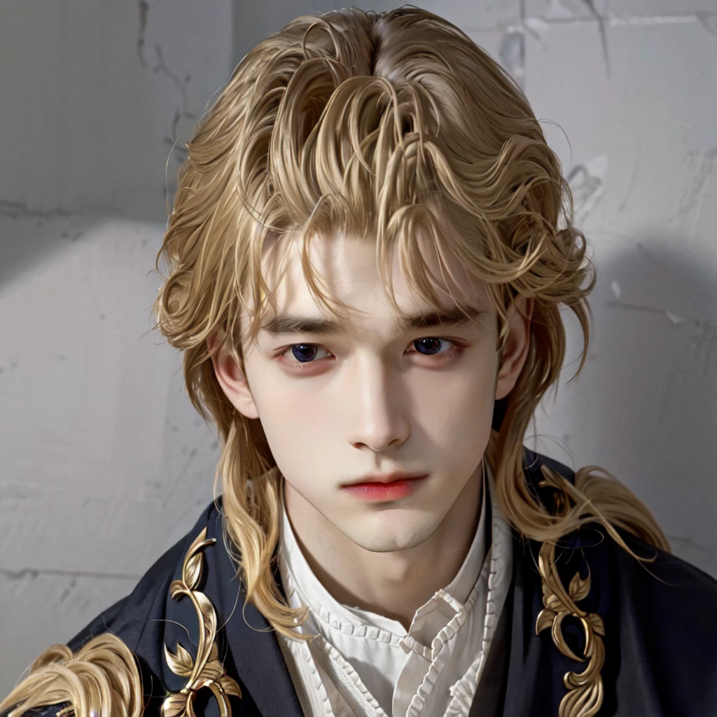 masterpiece, 1 boy, face up close, high quality, 8K, Ultra HD, actor, Curly long blonde hair