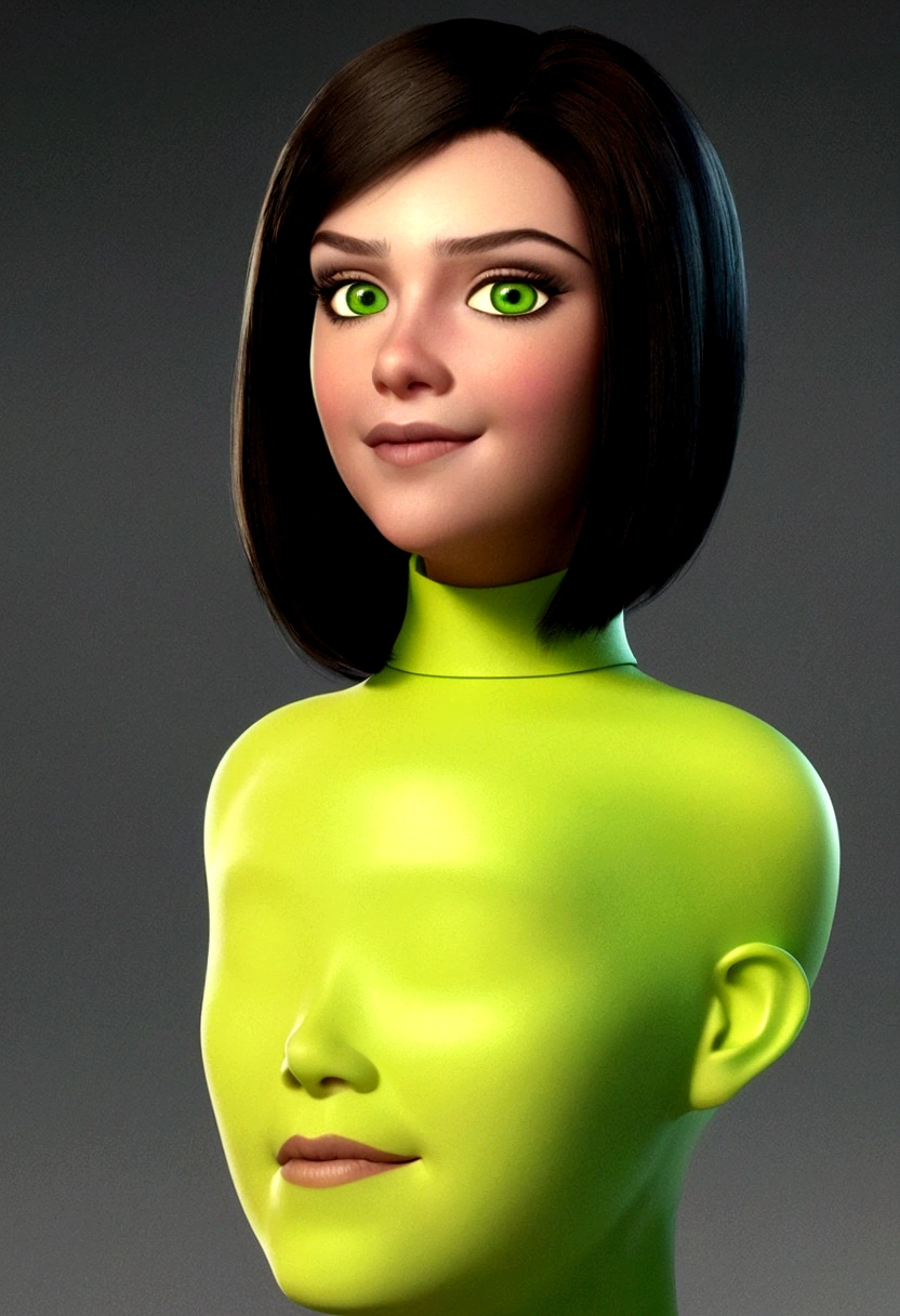Realistic 3D caricature of a 20 year old woman, oval face shape, greeneyes, brunette skin, Smile up, black hair with a side parting style and green streak, wearing a black blouse, clearly visible on a yellow background, Use soft photography lighting with edge hair lights and top photo lamps with very high details