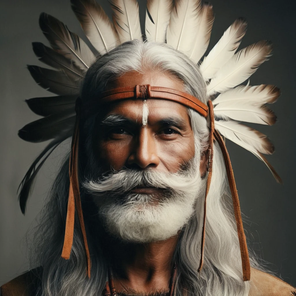 Fifty-year-old indigenous man with cheerful features without a beard, with straight gray hair half tied back by a thin leather headdress with a white feather behind the head in a central vertical position