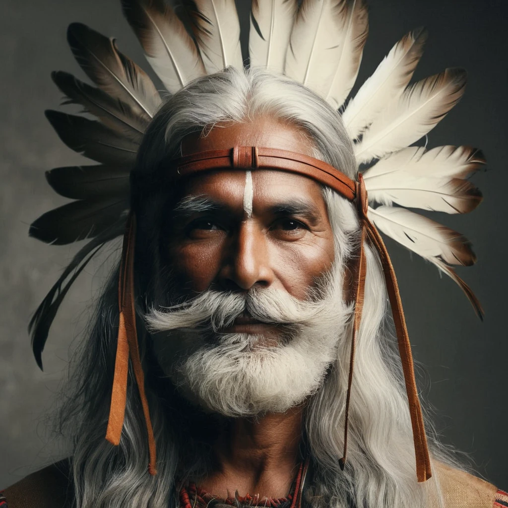 Fifty-year-old indigenous man with cheerful features without a beard, with straight gray hair half tied back by a thin leather headdress with a white feather behind the head in a central vertical position 