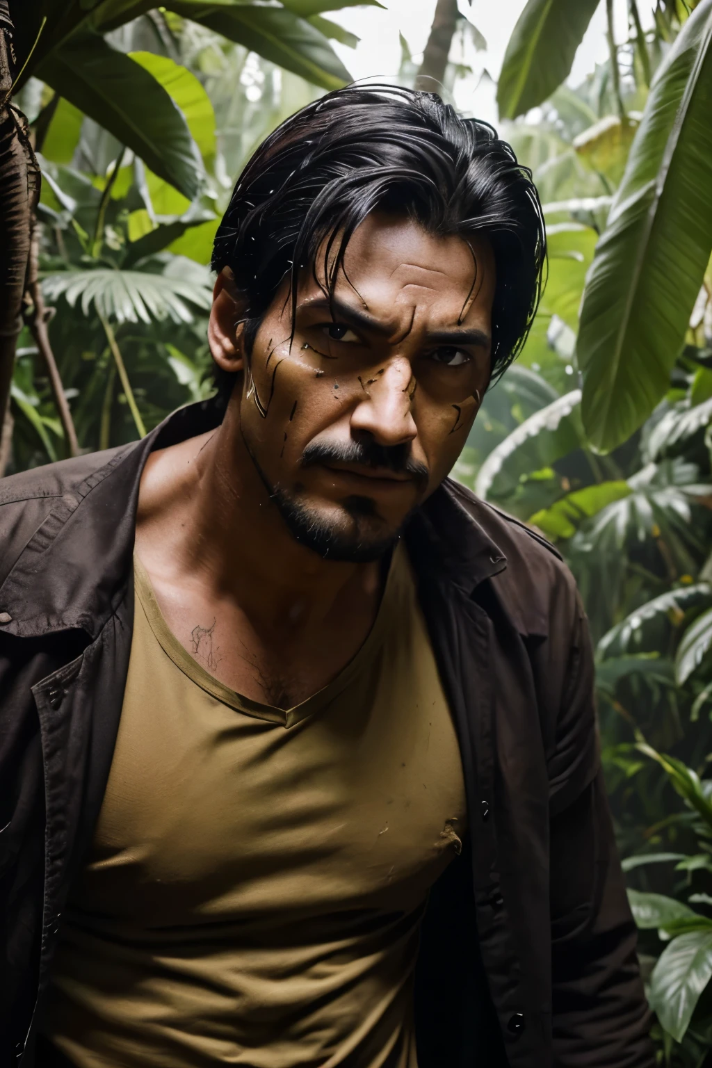 A man  who is a villain and he is wearing a loose and dirty trouser and he have a scar on his face and he is in the jungle and kidnapping a 