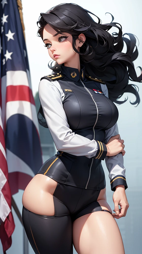 Military woman, navy uniform, curvy, athletic body, black long curly hair, Captain's hat