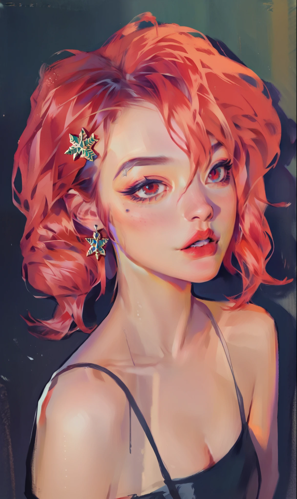 score_9, score_8_up, score_7_up, 1girl, Scarlet red hair smudgy, traditional art, liu2, brush texture