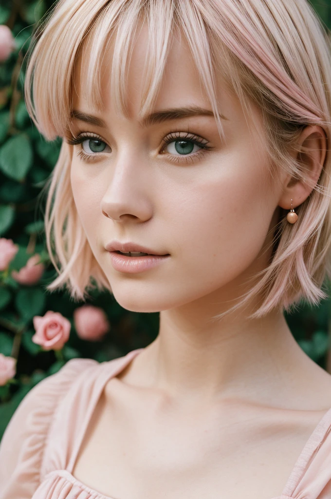 8k, photo and gross, fujifilm, Style photography of a beautiful young girl like Avril in a light pink rose garden. (very detailed skin: 1.2) Style-Petal BREAK short hair, blonde hair with colored highlights, wearing a dress, film grain, 35mm, beautiful style