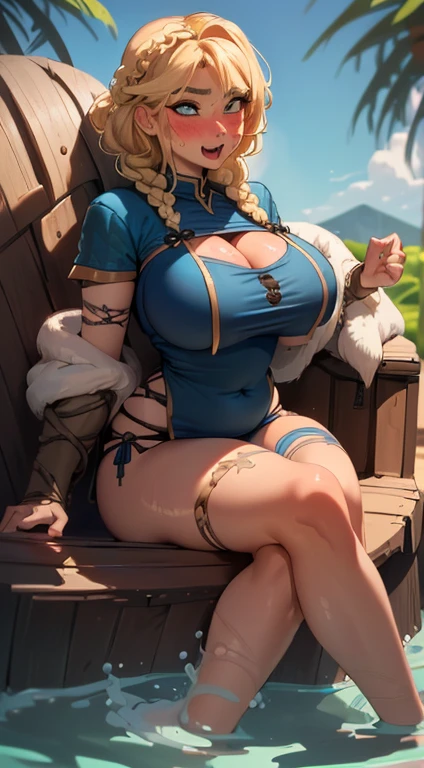 (best qualityer:1.3), (4K quality), Astrid por How Train You're the Dragon, ((face detailed)), ((body curvy)), ((blush)), (big boobies), ((Ahegao expression)), cleaveage, sexly, ((braids in hair)), ((swimpool)), ((roupa sexly viking)),