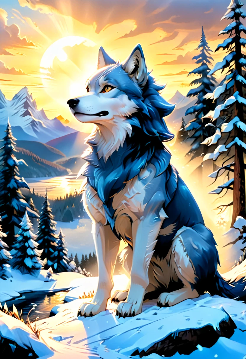 a National Geographic nature shot of a wolf sitting on a snowy mountain, watching the sun rises, the transition between night and day, the snow forest mountain range, a silver (dire wolf: 1.3), sitting on top of a (snowy mountain: 1.4), he sees the forest in the mountains, there pine trees, snow, a river flows between the mountains, the forest is reflected in rays of sunset in river, divine rays, some clouds, sun rays,  (highest quality:1.2, Very detailed, up to date, Vibrant, Ultra-high resolution, High Contrast, masterpiece:1.2, highest quality, Best aesthetics), best details, best quality, highres, ultra wide angle, 16k, [ultra detailed], masterpiece, best quality, (extremely detailed: 1.5), aetherpunkai, Cinematic Hollywood Film style