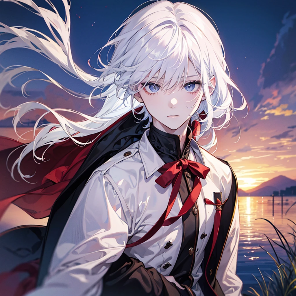 A solo cat boy, His hair is white and his eyes are red, wearing jacket, bust up!!! Cute boy, casual boy, sunset sky , , sad vibes