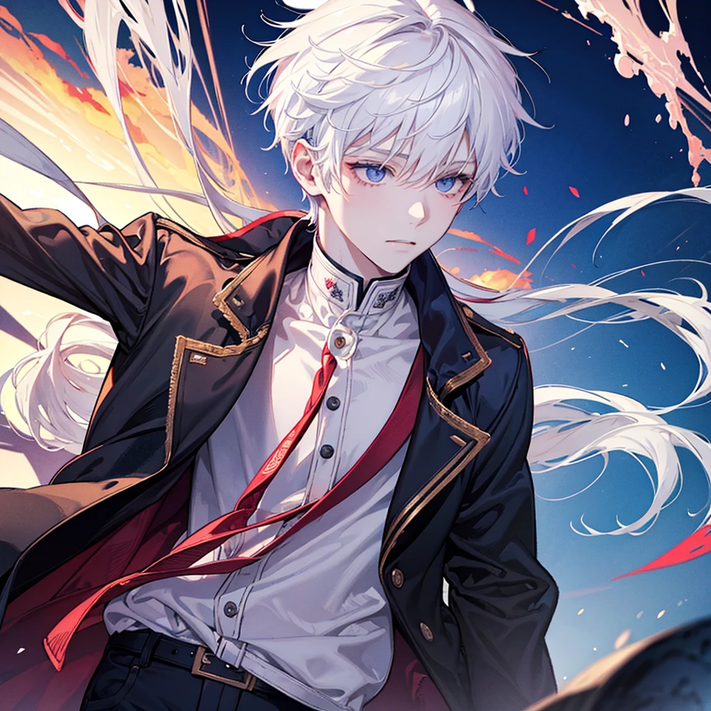 A solo cat boy, His hair is white and his eyes are red, wearing jacket, bust up!!! Cute boy, casual boy, sunset sky , , sad vibes