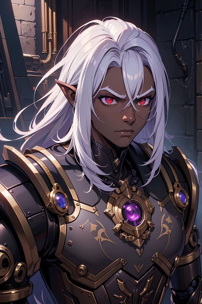 ((best quality)), ((masterpiece)), (detailed),8k, ((1boy)), ((mechanical armor)), (dungeonpunk),(steampunk), (serious), dark skinned, human, upper body, portrait, red eyes, perfect eyes, long white hair, Xemnas from Kingdom Hearts, half-drow, pointy ears, serious face, dramatic lighting, purple hue, art by Kinema Citrus