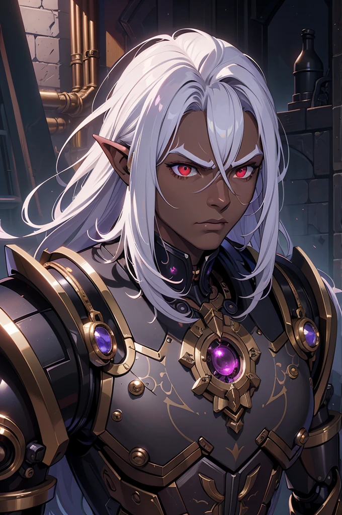 ((best quality)), ((masterpiece)), (detailed),8k, ((1boy)), ((mechanical armor)), (dungeonpunk),(steampunk), (serious), dark skinned, human, upper body, portrait, red eyes, perfect eyes, long white hair, Xemnas from Kingdom Hearts, half-drow, pointy ears, serious face, dramatic lighting, purple hue, art by Kinema Citrus