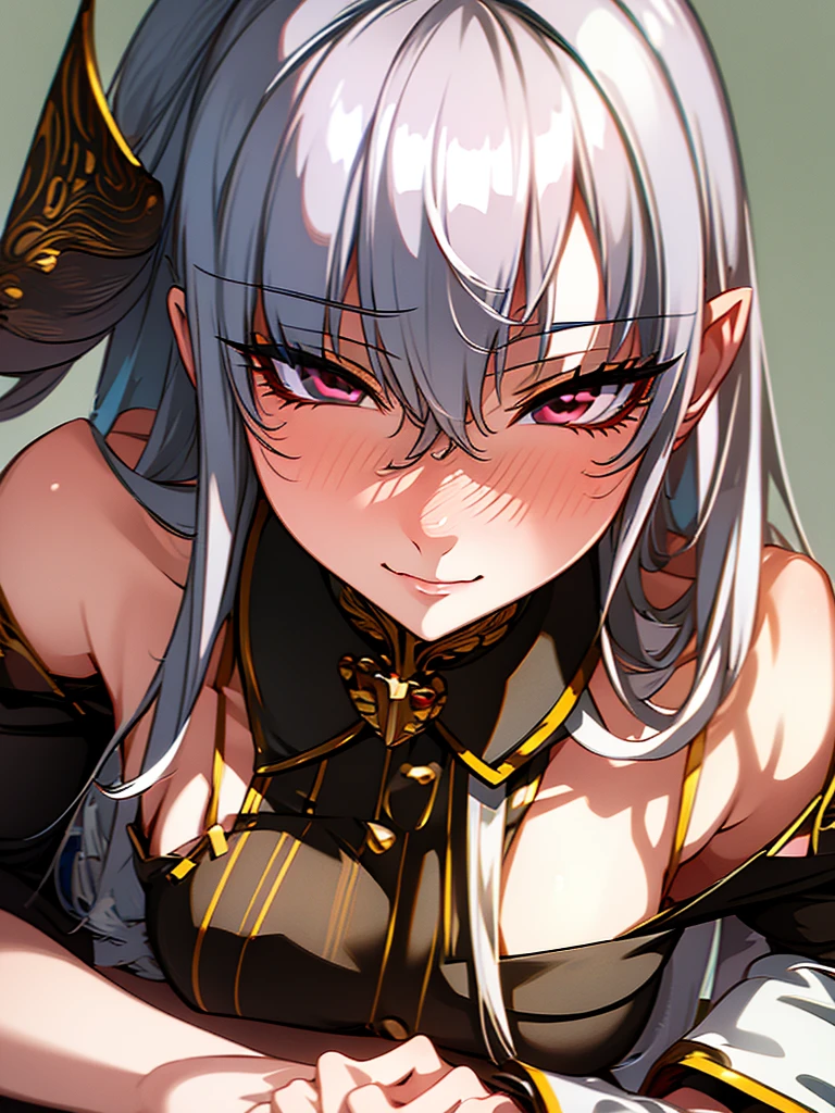 1 woman Sitting, crossed legs, smile, looking at the viewer, blushing, detailed face, (masterpiece),detailed eyes, highly detailed eyes , silver hair, red eyes,
masterpeace, best quality, (extremely detailed CG:1.3), highly detailed faces