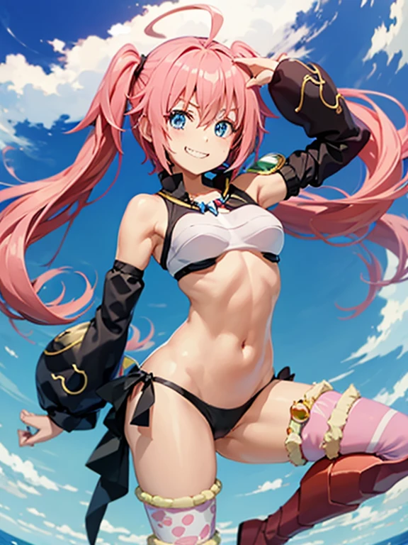 1female、When reincarnated, I was a slime character（Little）、 Demon King、O corpo da obra-prima Little、High Quality Bikini Armor、bikini-armor、Rosto de Little Preciso、blue colored eyes、animeesque、pink  hair、twin-tailed、Proud double tails、Hair、Red long boots、Red long boots ultra-detalhadas、breasts small、a smirk、huge grin、big ahoge、