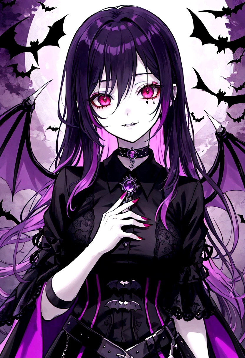 An eerie and captivating anime-inspired illustration of a young vampire woman with long black hair, red eyes, and vampire fangs, blood dripping from her mouth. She has exceptionally fair skin and a sinister expression. Clad in a white shirt and black pants, she is standing under a full moon, casting a silvery glow over her gothic, dark fantasy silhouette. The background showcases a dimly lit, foggy landscape with an anime-styled cityscape in the distance, evoking the nostalgic aesthetic of the 90s., anime, dark fantasy