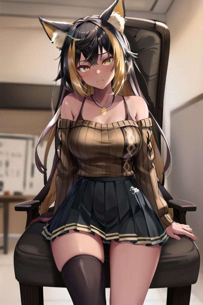 masterpiece, Highest quality, High resolution, hmnc1, Animal ears, tail, Dark Skin, Multicolored Hair, Black knee socks, Off-the-shoulder sweater, Pleated skirt, Black Skirt, jewelry, necklace, Ribbed sweatshirt, clavicle, Cowboy Shot, Sitting in a chair,With legs apart,Leg spread,Satin panties are visible, indoor,Shame face,