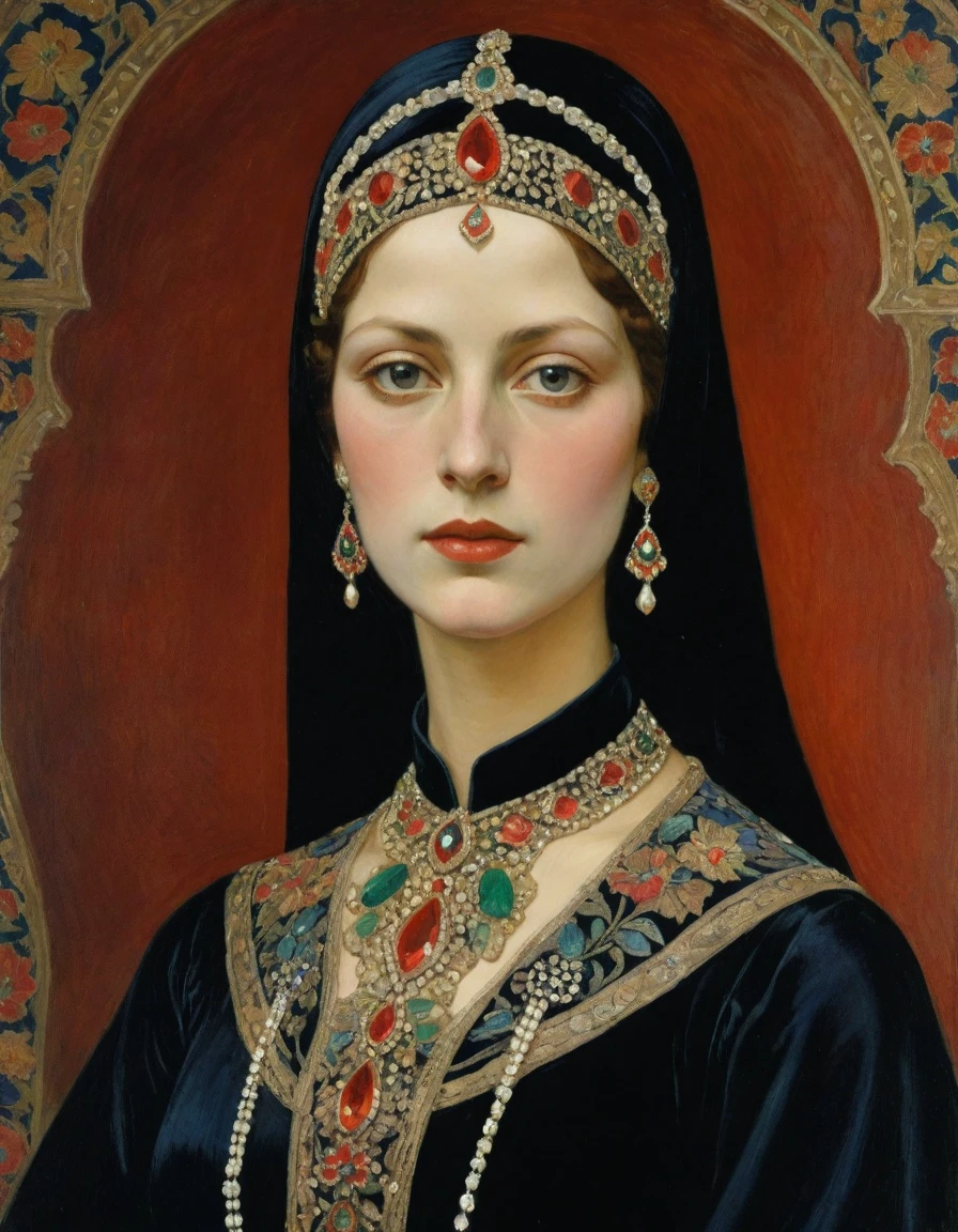 Design me a {{Colossal Masterpiece, high detail}}, a ((((Half body portrait)))), ((by Léon Bakst)), (by Moebius Jean Giraud), the composition is: (a powerful noblewoman, bronze skin, tanned, dignified, sensual, facing viewer. She is wearing a fur hat and a lace face veil. She is wearing a black Byzantine caftan with Mughal elements, embroidered Slavic elements, sashes, red diamond pendant)
