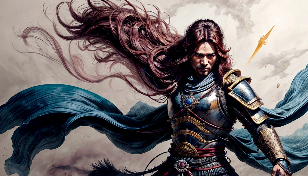 a confident warrior with flowing hair, the sun casting a radiant halo around his traditional samurai armor and gaucho attire, the silent cadence of heartbeats echoing through eternity, ephemeral happiness, monochromatic symmetry, white and azure, rich color palette, experimental cinematography, todd mcfarlane, arkady shalknet, antonio mora