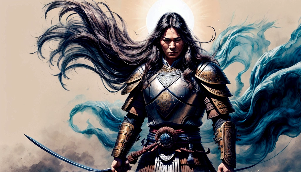 a confident warrior with flowing hair, the sun casting a radiant halo around his traditional samurai armor and gaucho attire, the silent cadence of heartbeats echoing through eternity, ephemeral happiness, monochromatic symmetry, white and azure, rich color palette, experimental cinematography, todd mcfarlane, arkady shalknet, antonio mora