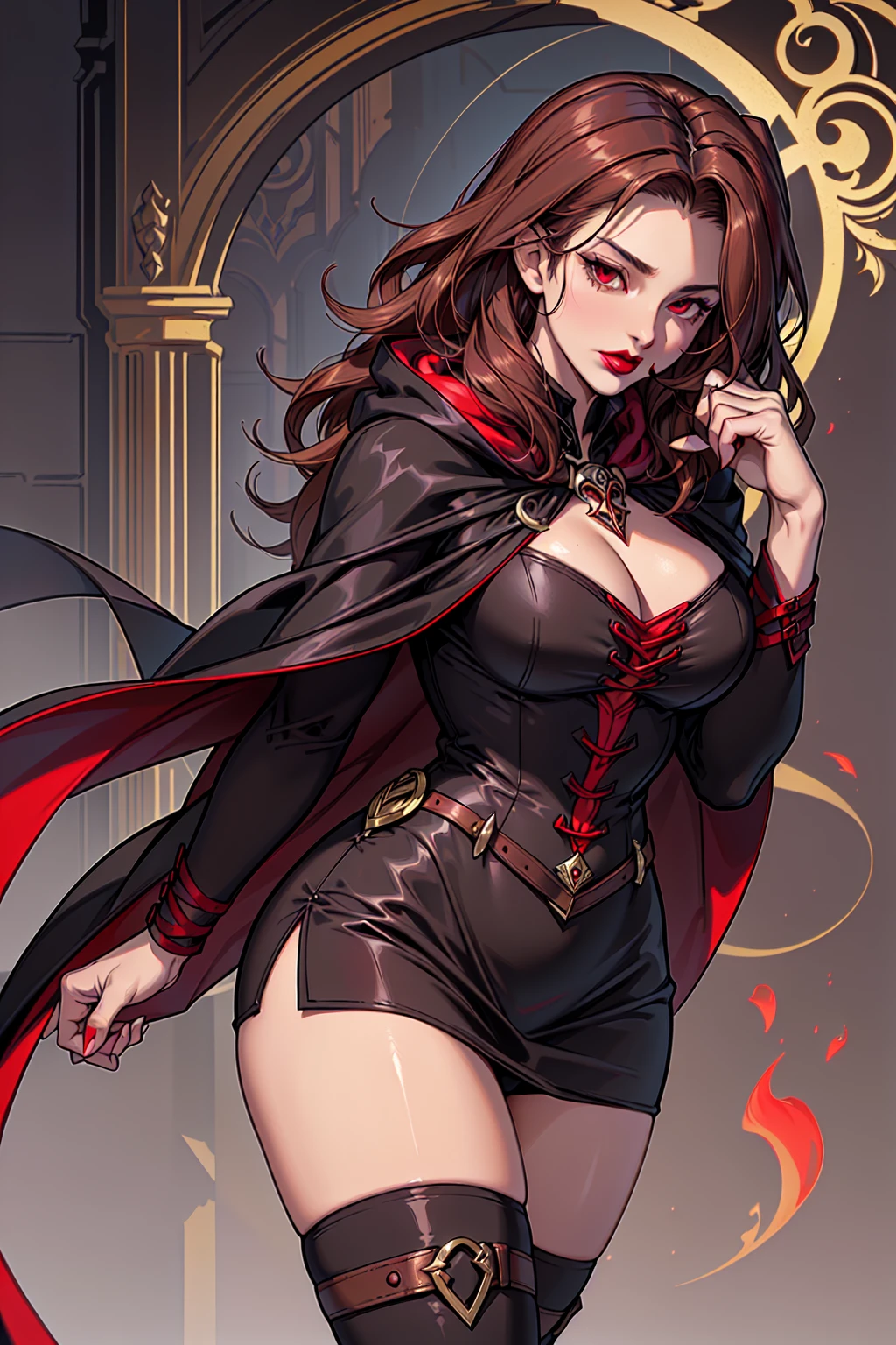 ((masterpiece:1.2, best quality, ultra detailed, absurdres, perfect anatomy, perfect hands)), (((1 woman))), (short brown wavy hair), red eyes, fit, hourglass body, ((dhampir noble sorcerer)), (black cloak), ((red lipstick)),