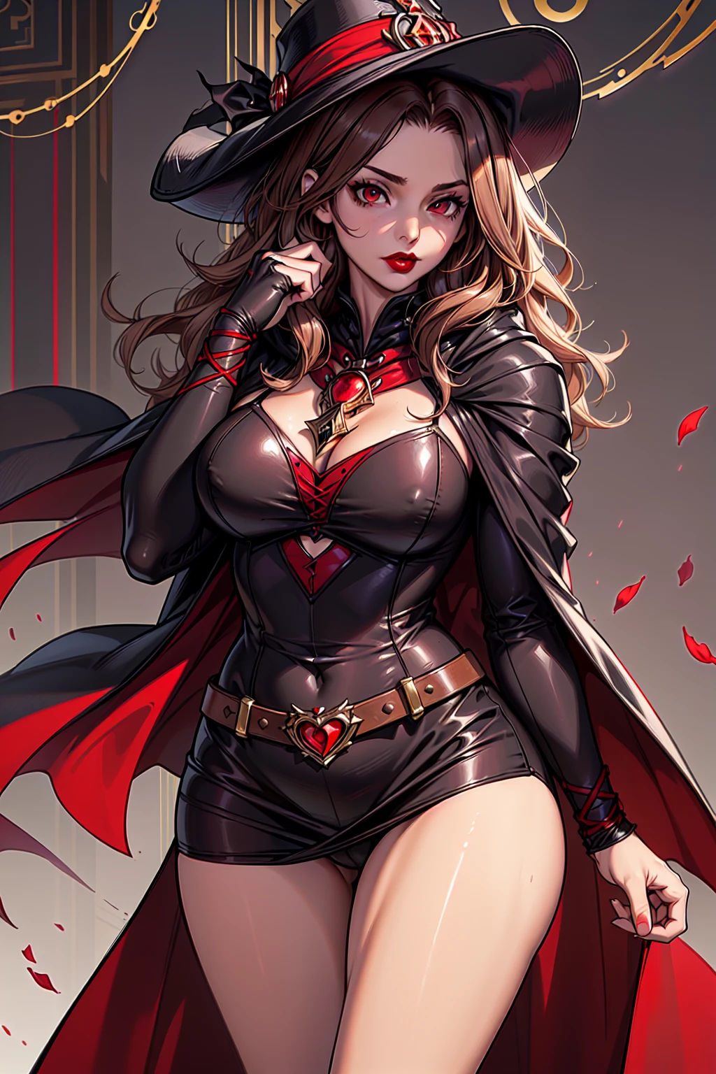 ((masterpiece:1.2, best quality, ultra detailed, absurdres, perfect anatomy, perfect hands)), (((1 woman))), (short brown wavy hair), red eyes, fit, hourglass body, ((dhampir noble sorcerer)), (black cloak), ((red lipstick)),