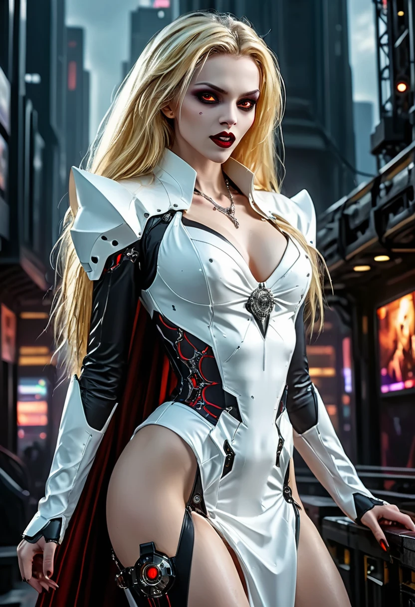 ((a photorealistic glamour shot of an exquisite, glamour mecha female vampire: 1.5)), ((full body: 1.3)), ultra feminine, pale face, golden hair, long vibrant shiny hair, glamorous hair,  red eyes, miniatures mechanical , deep penetrating eyes, red lips, lustful lips, ((two visible vampiric fangs: 1.5), drops of blood dripping from the mouth, ((cyberpunk style: 1.5)), she wears (white elegant glamour dress, with small delicate mechanical parts: 1.4), digital parts,  intricate details, the dress is studded with diamonds, tight suit, dynamic color, high heels, cyberpunk street at night background, (highest quality:1.2, Very detailed, up to date, Vibrant, Ultra-high resolution, High Contrast, masterpiece:1.2, highest quality, Best aesthetics), best details, best quality, highres, ultra wide angle, 16k, [ultra detailed], masterpiece, best quality, (extremely detailed), Genetically modified..., Cinematic Hollywood Film, nijimecha, aetherpunkai