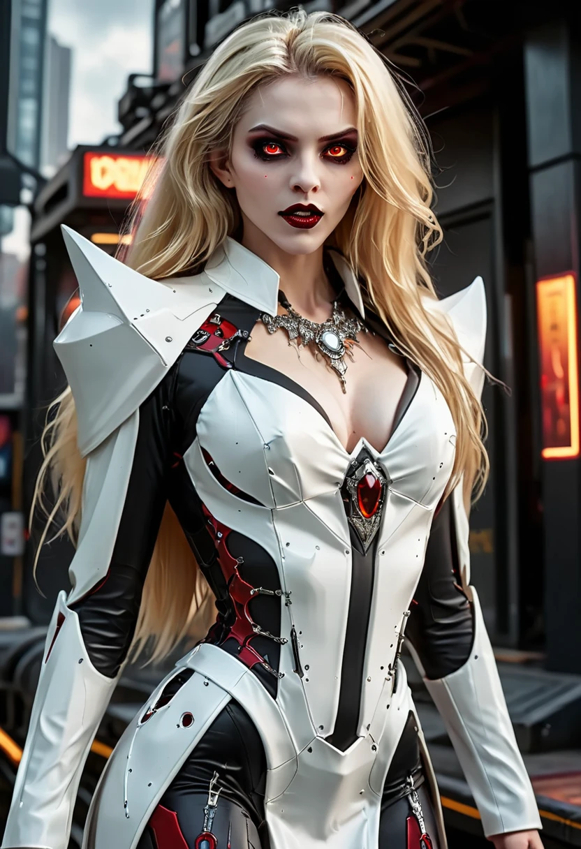 ((a photorealistic glamour shot of an exquisite, glamour mecha female vampire: 1.5)), ((full body: 1.3)), ultra feminine, pale face, golden hair, long vibrant shiny hair, glamorous hair,  red eyes, miniatures mechanical , deep penetrating eyes, red lips, lustful lips, ((two visible vampiric fangs: 1.5), drops of blood dripping from the mouth, ((cyberpunk style: 1.5)), she wears (white elegant glamour dress, with small delicate mechanical parts: 1.4), digital parts,  intricate details, the dress is studded with diamonds, tight suit, dynamic color, high heels, cyberpunk street at night background, (highest quality:1.2, Very detailed, up to date, Vibrant, Ultra-high resolution, High Contrast, masterpiece:1.2, highest quality, Best aesthetics), best details, best quality, highres, ultra wide angle, 16k, [ultra detailed], masterpiece, best quality, (extremely detailed), Genetically modified..., Cinematic Hollywood Film, nijimecha, aetherpunkai