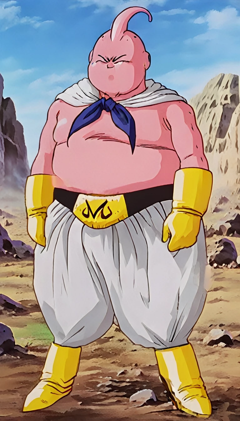 solo, majin buu,short, (musclar:2),(angry:2),fighting,in wasteland,destroyed rock,(soft shading), 4k, hi res, ((detailed face, (detailed eyes:1.0), detailed)), (full body), looking at viewer, 1boy, upper body, male focus,white_pants,nude,(topless:1.5),( shirtless:2),torn clothes,bare pectorals, fighting stance,
